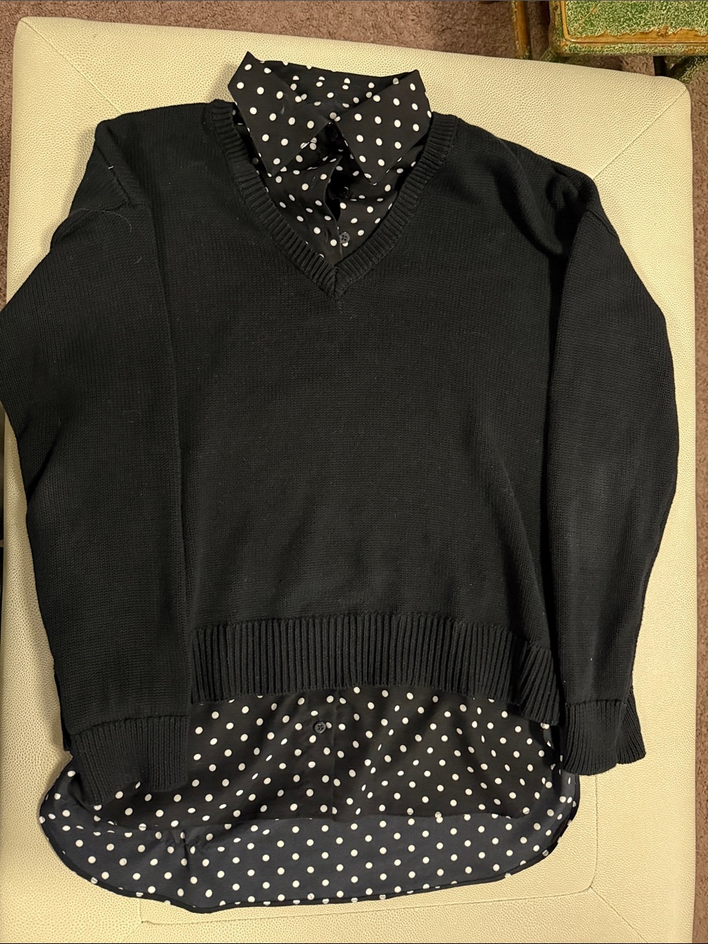 Black V-Neck Twofer Sweater with Polka Dot Shirt Detail